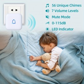 Wireless Doorbell IP66 Waterproof 115dB with 56 Chimes Door Bell Ringer Wireless 1000ft Range Battery Doorbell Chime Kit 7 Levels Volume Mute Mode Doorbells for Home Kid Room Office 1 Button+2 Bell Chime