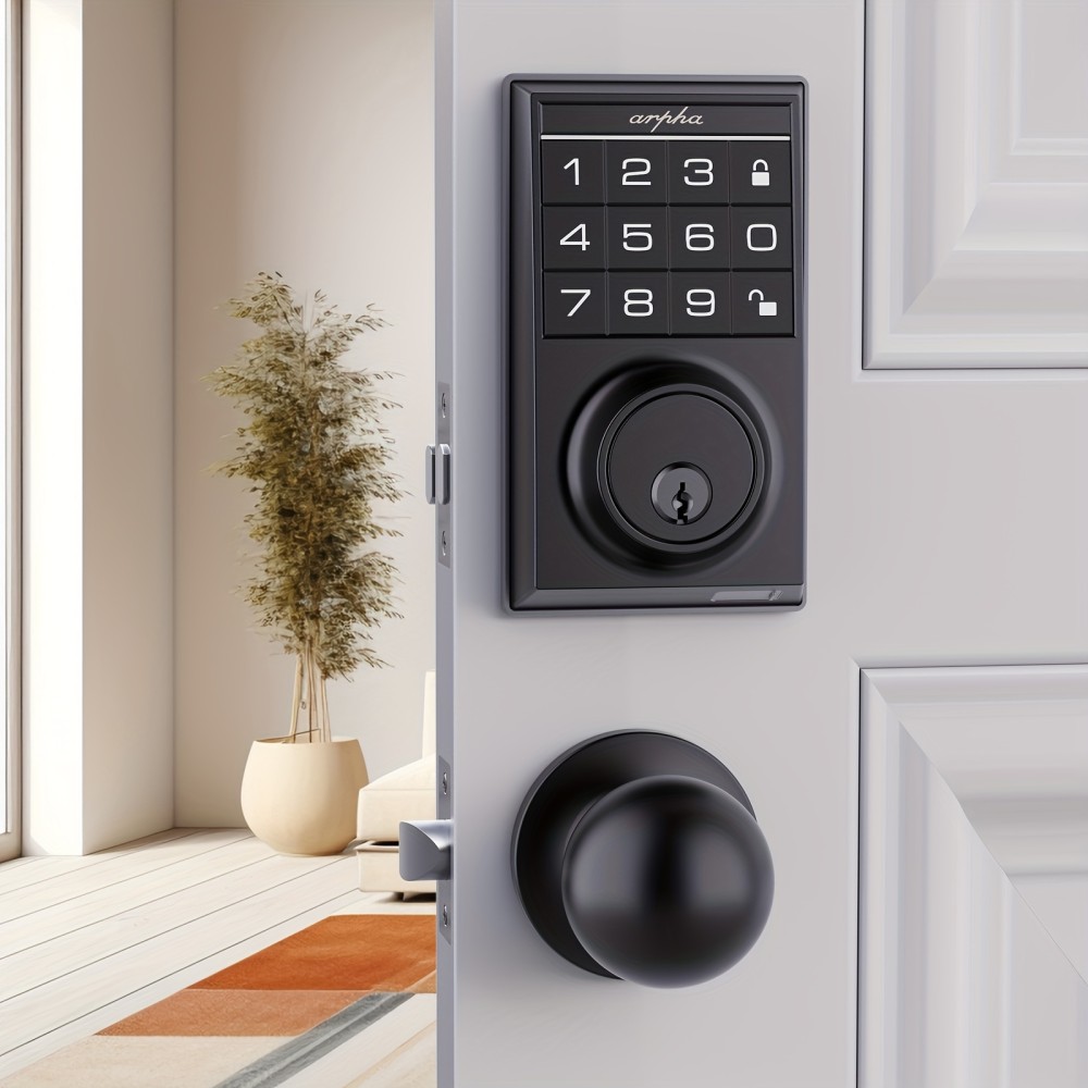 Keyless Entry Door Lock Set with 2 Knobs, Smart Keypad Deadbolt Door Lock, 100 Codes for Front Door, Auto Lock, APP Control, Easy Installation, One Time Code, Anti-peeping, One Touch Lock, Designed for Bedroom.office, Warehouse, Zinc Alloy Black.