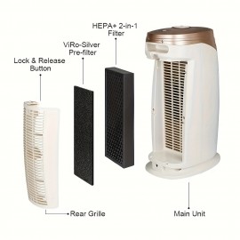 18-Inch Air Purifier for Medium Rooms with ViRo-Silver Pre-Filter, HEPA+ Filter Air Cleaner for Allergies Germs Mold Dust Pets Smoke Pollen Odors Rose Golden & black