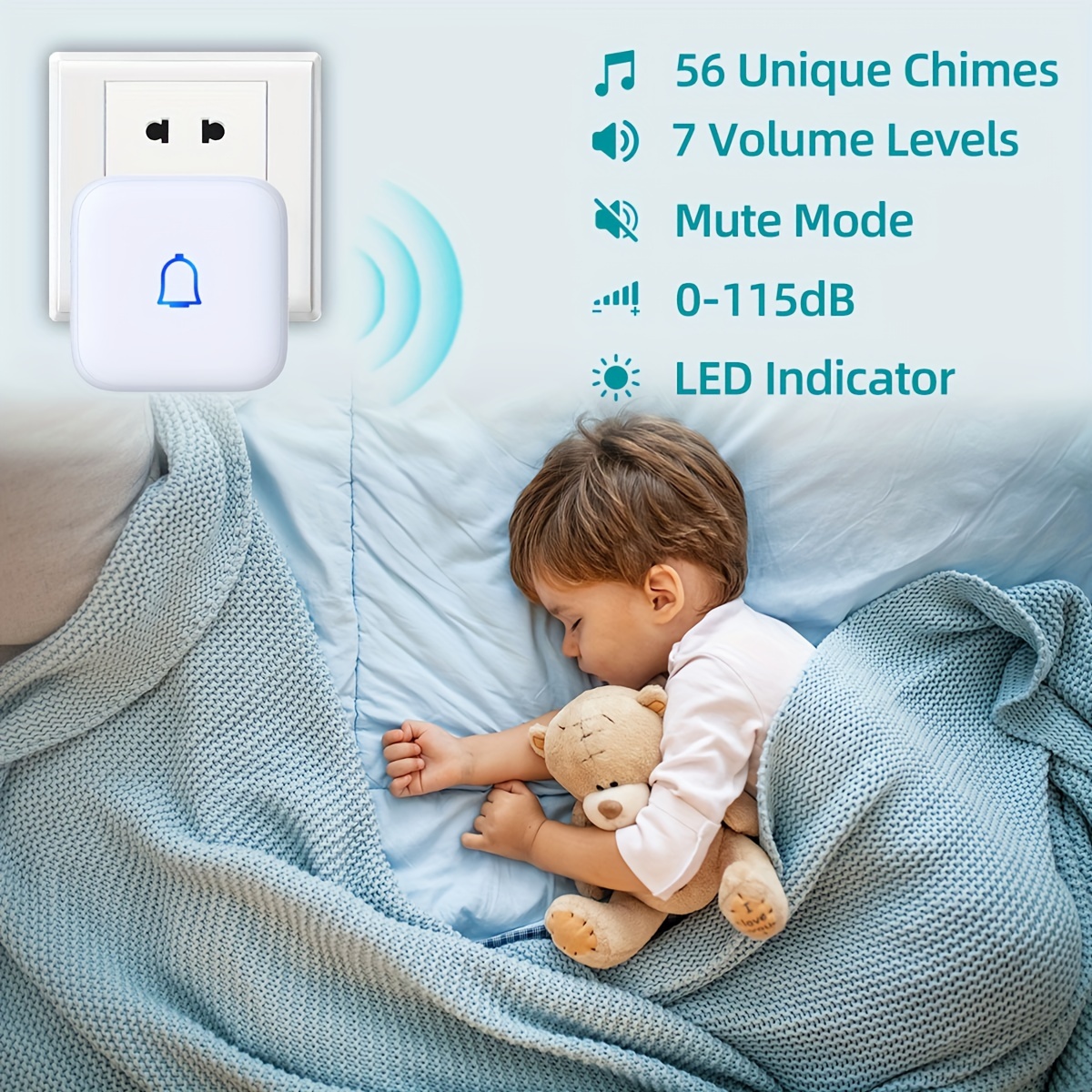 wireless doorbell ip66 waterproof 115db with 56 chimes door   wireless 1000ft range battery doorbell chime kit 7 levels volume mute mode doorbells for home kid room office 1 button 2 bell chime details 2