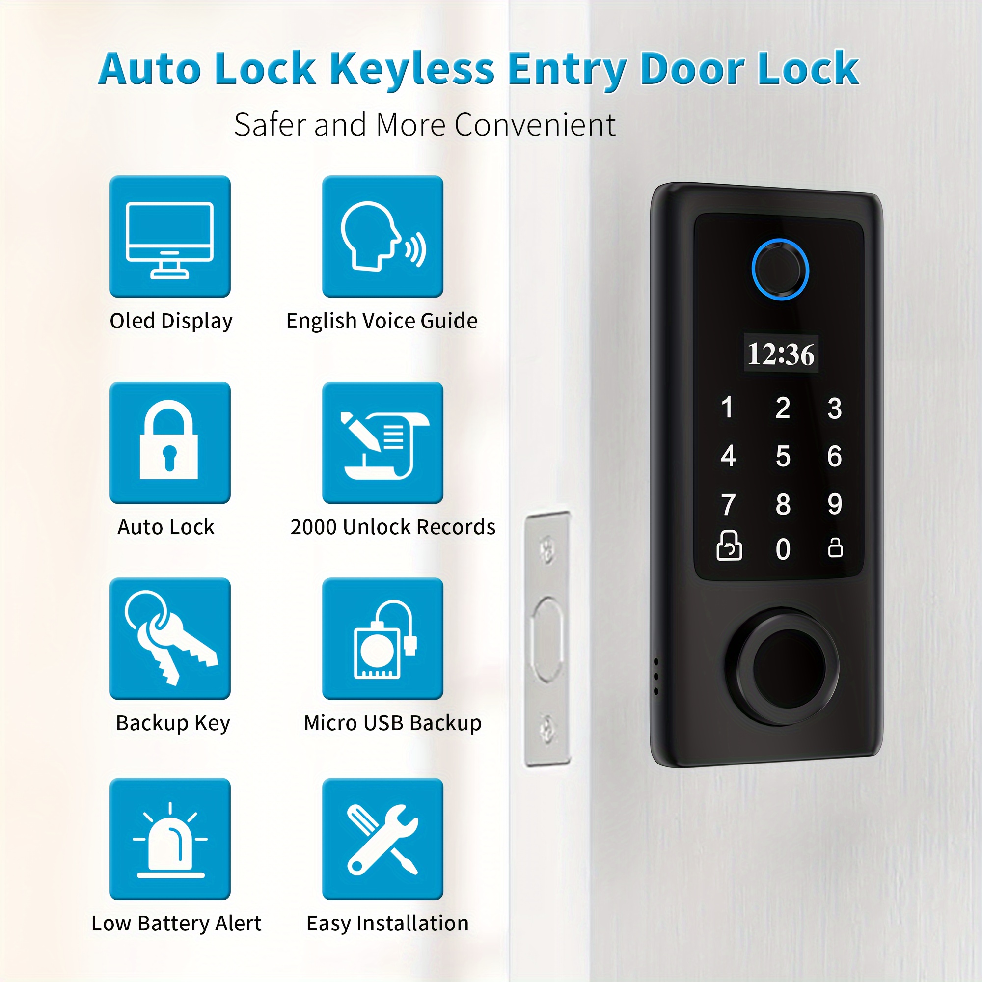 1set black fingerprint door lock with handles keyless entry door lock smart door lock electronic keypad deadbolt front door lock handle sets details 4