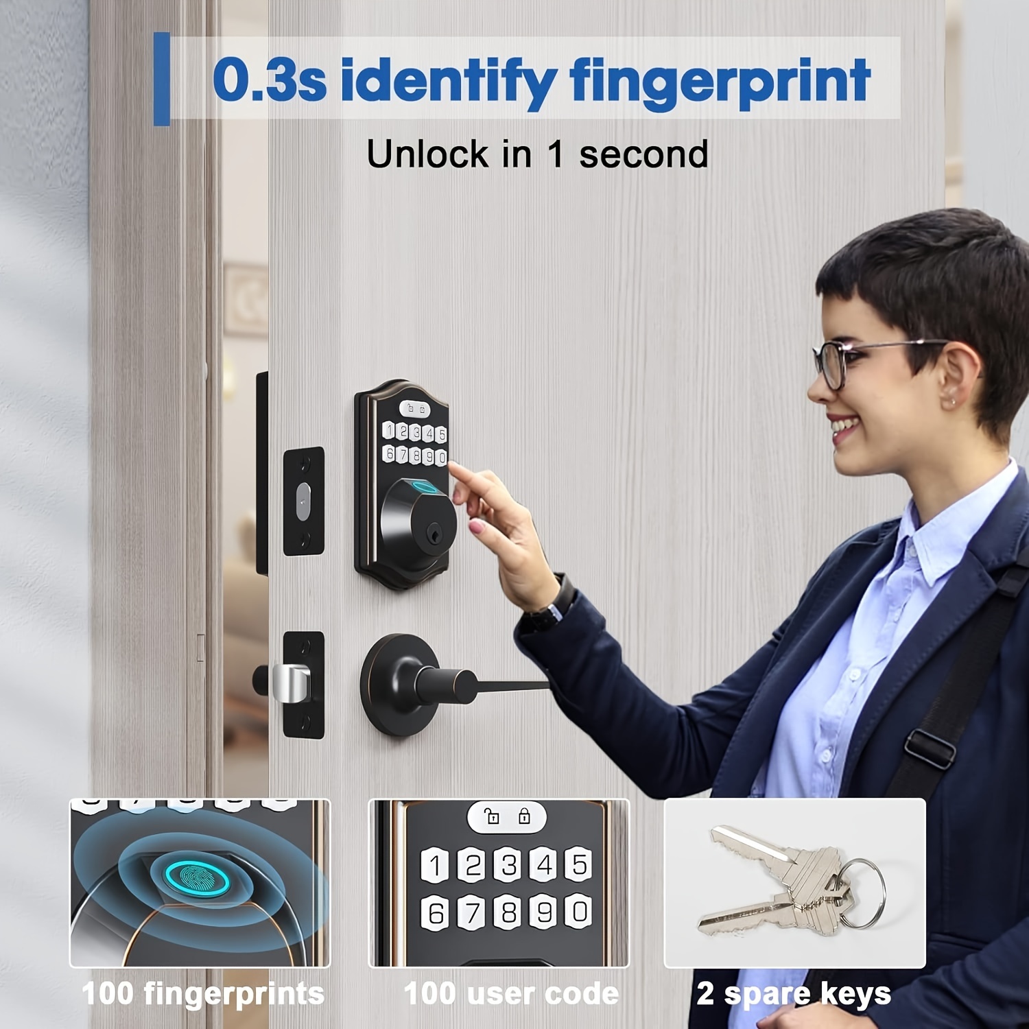   door lock with handle set equipped with a deadbolt front smart door locks for the main entrance featuring 2 lever handles electronic keypad code deadbolt and fingerprint door lock automatically locks oil rubbed bronze details 2