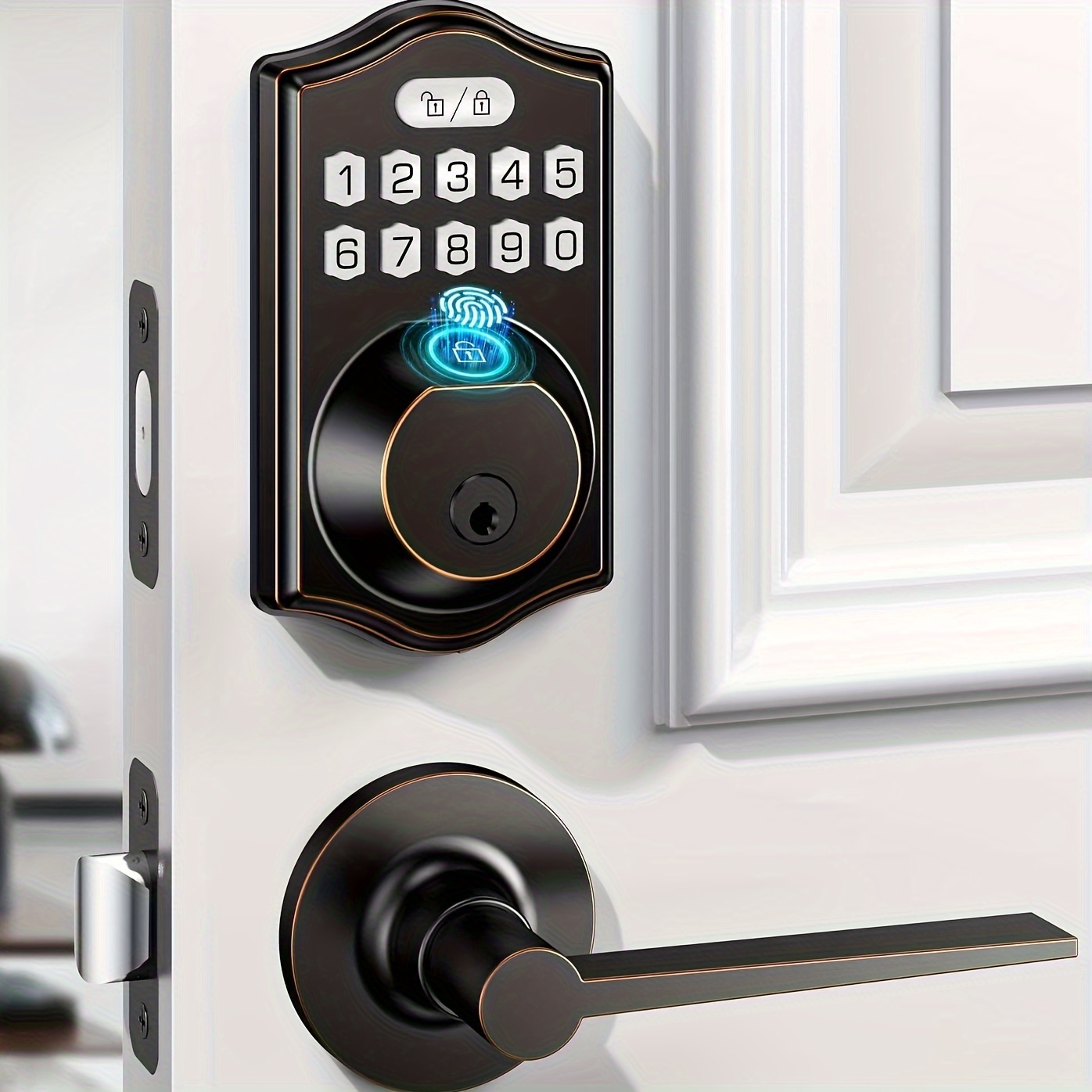   door lock with handle set equipped with a deadbolt front smart door locks for the main entrance featuring 2 lever handles electronic keypad code deadbolt and fingerprint door lock automatically locks oil rubbed bronze details 5