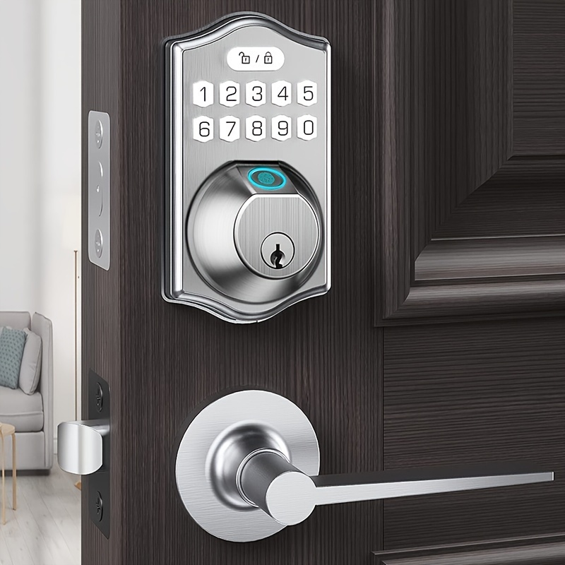   door lock with handle set equipped with a deadbolt front smart door locks for the main entrance featuring 2 lever handles electronic keypad code deadbolt and fingerprint door lock automatically locks oil rubbed bronze details 6