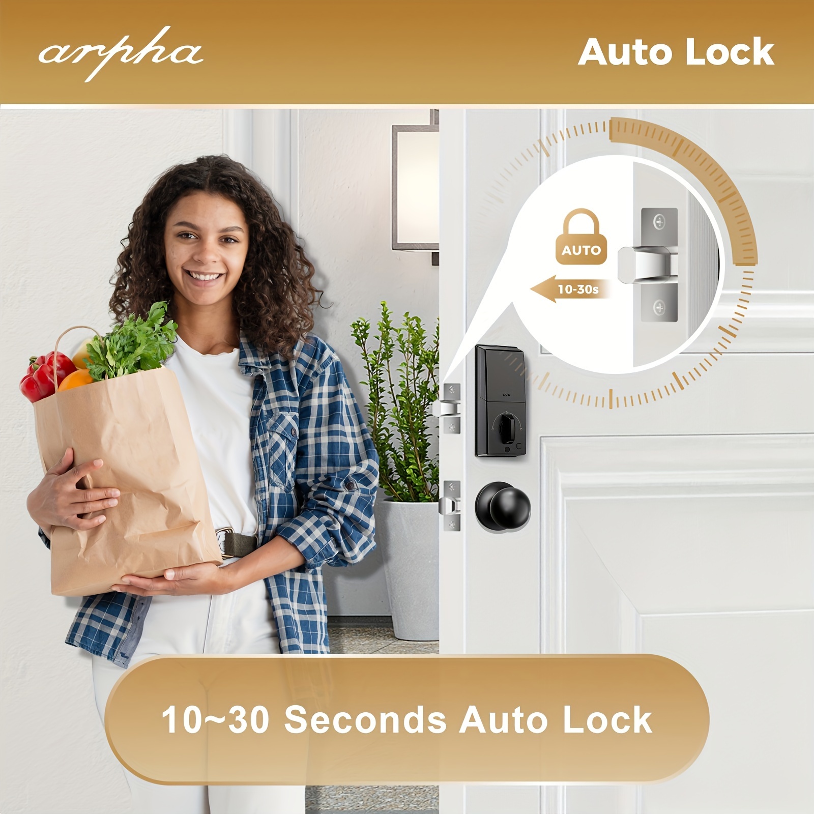 keyless entry door lock set with 2 knobs smart keypad deadbolt door lock 100 codes for front door auto   control easy installation one   anti peeping one touch lock designed for bedroom   zinc alloy black details 5