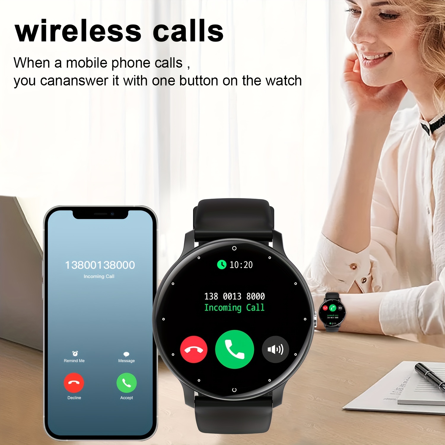 smart watch wireless calling dialing multiple sports modes incoming call reminder and rejection sms reminder information reminder viewing multiple app reminders sports watch custom wallpaper fitness monitoring compatible with iphone android details 0