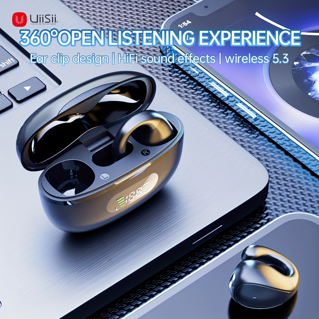   wireless earbuds clip on wireless open ear headphones with noise canceling led digital display built in microphone open ear earbuds head set   earphones charging case for secure   android iphone compatible details 0